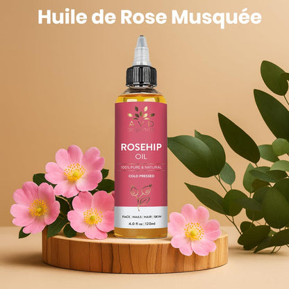 AVD ORGANICS Rosehip Oil for Face 120ml - 100% Pure, Cold-Pressed Huile de Rose Musquée - Rose hip Oil for Face, Skin, Hair, Scalp & Nails - Moisturizing for Daily Use (4.05 fl oz)