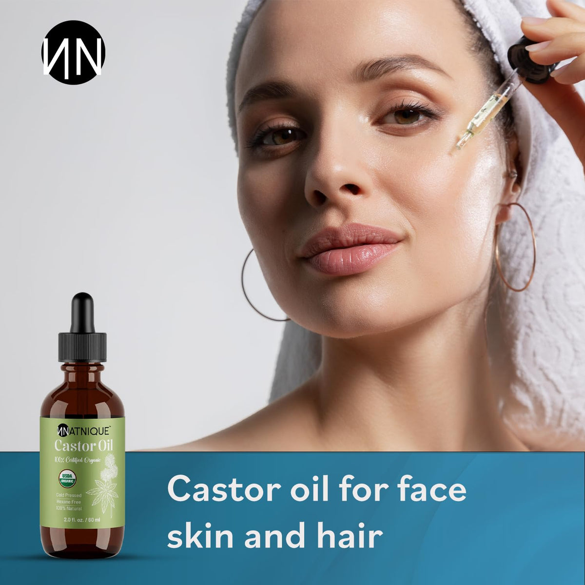 Natnique Castor Oil - USDA Certified Organic, 100% Pure Cold Pressed Unrefined Oil for Hair Growth, Eyelashes, Eyebrows & Scalp - Natural Skin Moisturizer, Lash Serum & Hair Treatment (2 Oz)
