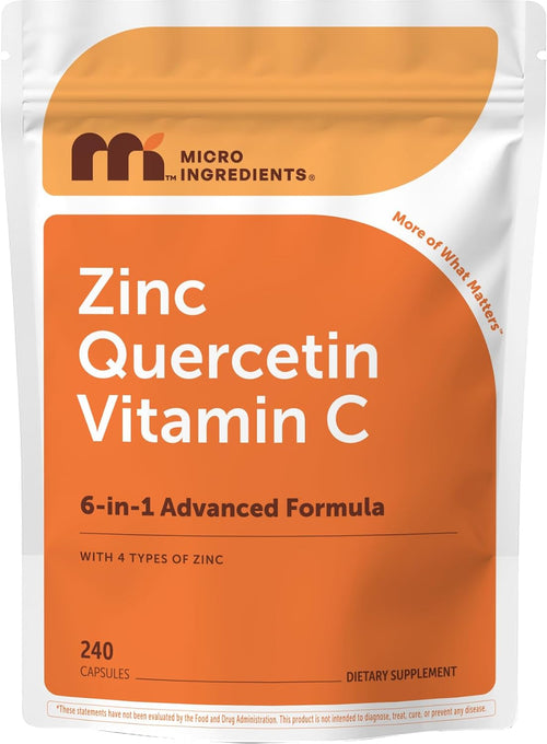 Micro Ingredients Quercetin with Vitamin C & Zinc, 240 Capsules - 6‑in‑1 Formula with Quercetin, Vitamin C & 4 Zinc Forms (Picolinate, Citrate, Glycinate, Gluconate) - Non‑GMO