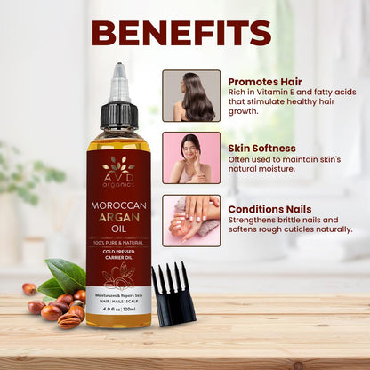 AVD Organics Argan Oil for Hair 120ml - 100% Pure & Natural Moroccan Argan Oil for Adult Hydration, Nourishing, Strengthening, Curly, Frizzy, Dry, Damaged Hair,Face, Skin, Scalp & Nails - (4.05 fl oz)