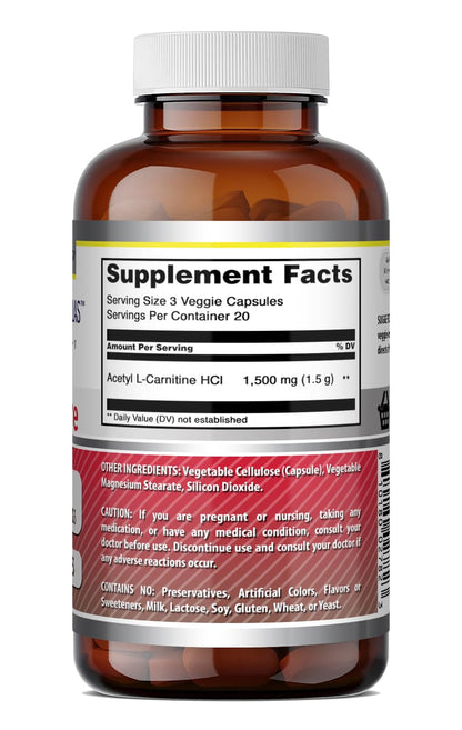 Amazing Formulas Acetyl L-Carnitine - 1500 per Serving Supplement - Vegetarian Capsules - Non-GMO - Gluten-Free - Made in USA (1 Pack - 120 Count)