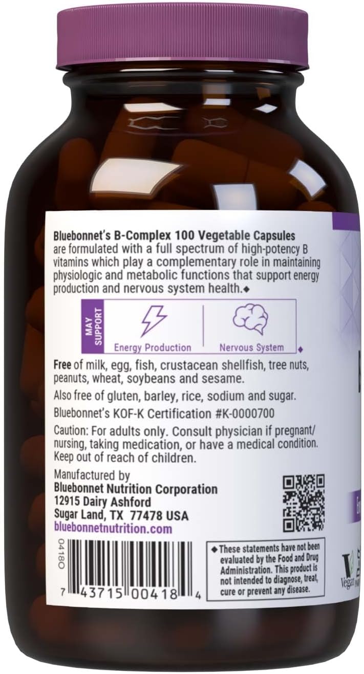 Bluebonnet Nutrition B Complex, Complete Full Spectrum, Vitamin B6, B12, Biotin, Folate, Vegan, Vegetarian, Gluten, Soy & Milk Free, Kosher, 100 Count