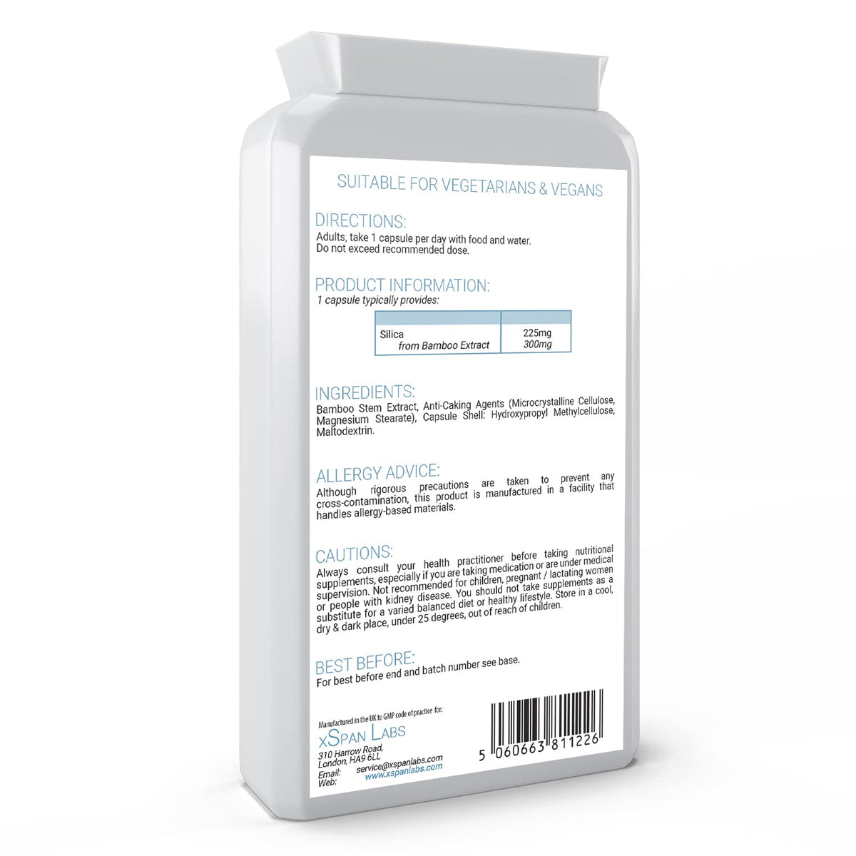 Silica 225mg - 90 Capsules - A Potent Highly Bioavailable Form - Naturally Sourced from Bamboo Extract - One-A-Day Vegan Capsules to Support Healthy Hair, Nails and Skin - Made in The UK