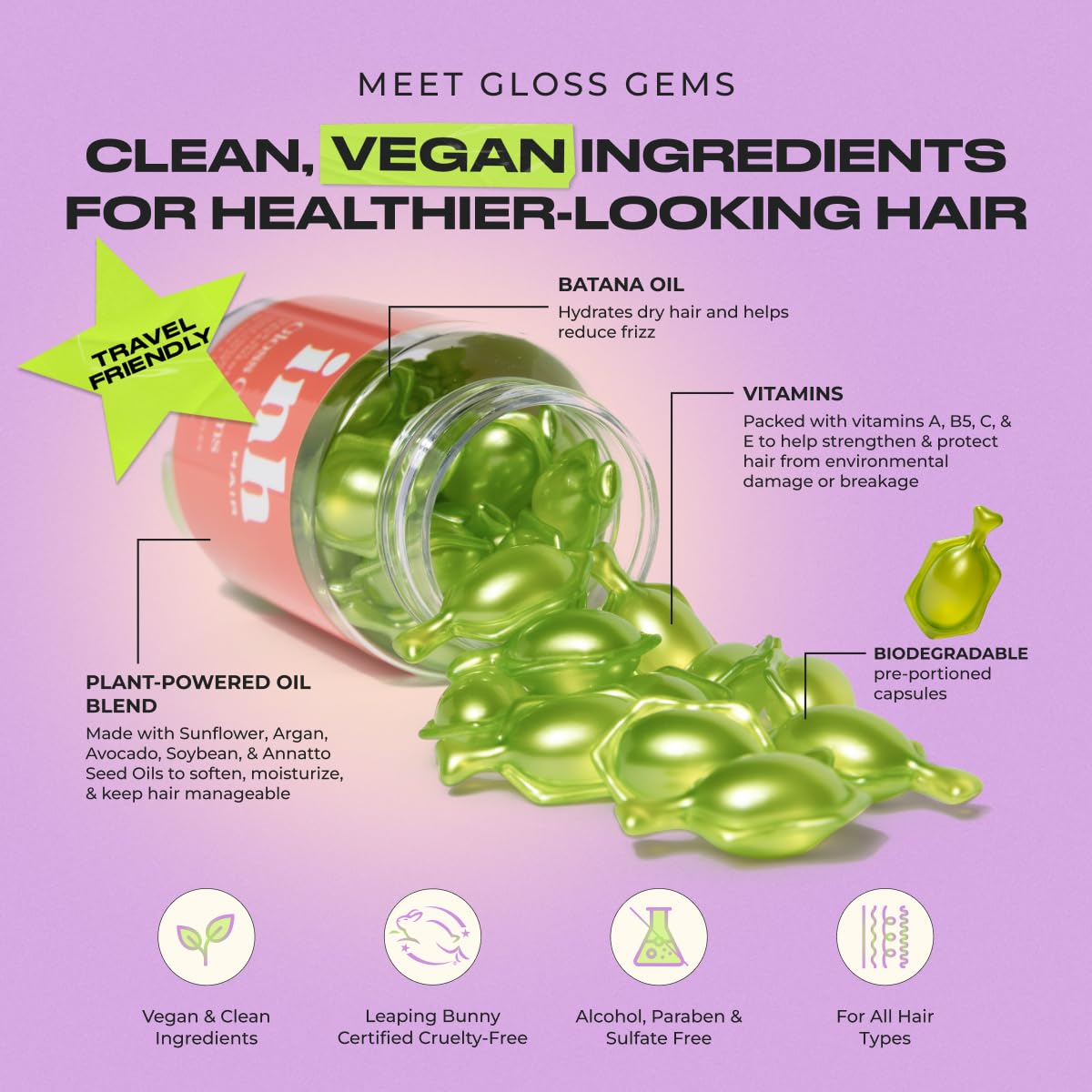 INH Hair Gloss Gems - Lightweight Hair Oil Perfume Capsules for Dry, Damaged, or Frizzy Strands, Smoothing Anti Frizz Shine Serum with Argan & Batana Oil, Vegan Leave In Treatment, 35 Capsules