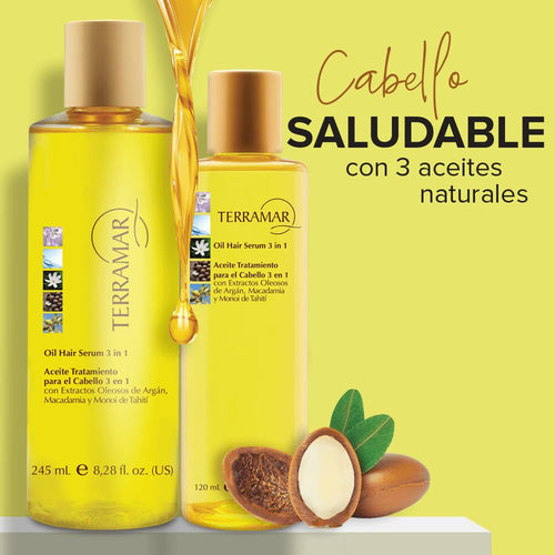 Terramar 3-in-1 Hair Oil with Argan, Macadamia, and Monoi Extracts, Smoothing and Hydrating Serum (Medium - 4.06 Fl Oz)