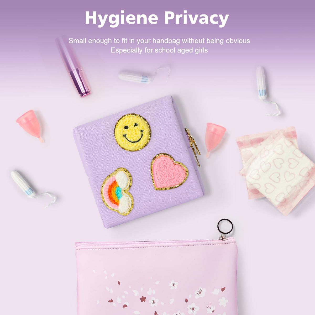 Preppy Patch Period Bag for Teen Aged Girls, Sanitary Napkin Storage Bag, Functional PU Leather Sanitary