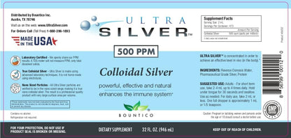 Ultra Silver® Colloidal Silver - 500 PPM, 32 Oz (946mL) - Mineral Supplement - True Colloidal Silver - 4 oz Dropper Bottle (Empty) Included for Dispensing!