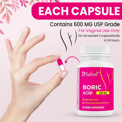 Safrel Boric Acid Vaginal Suppositories - 60 Count (1-Pack) - 100% Pure USA-Made, Supports Intimate