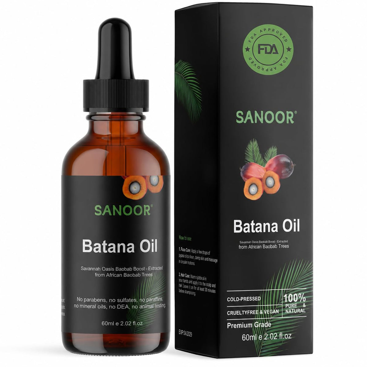 SANOOR Batana Oil for Hair, Lash, Brow & Skin Care, Premium Cosmetic Oil for Scalp Massage, Hair Lengths, Ends, Eyebrows, Eyelashes & Dry-Feeling Skin, 60 ml