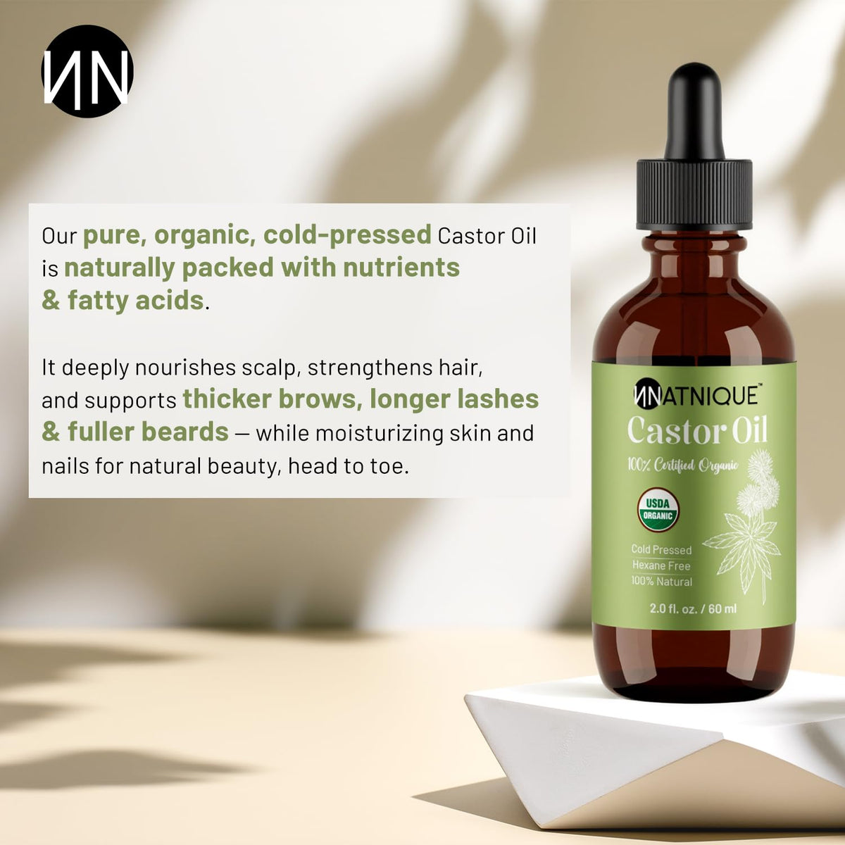 Natnique Castor Oil - USDA Certified Organic, 100% Pure Cold Pressed Unrefined Oil for Hair Growth, Eyelashes, Eyebrows & Scalp - Natural Skin Moisturizer, Lash Serum & Hair Treatment (2 Oz)