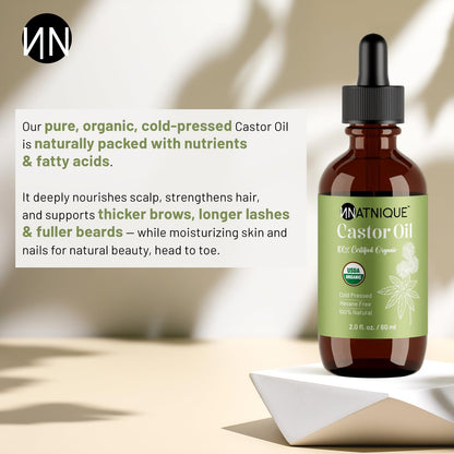 Natnique Castor Oil - USDA Certified Organic, 100% Pure Cold Pressed Unrefined Oil for Hair Growth, Eyelashes, Eyebrows & Scalp - Natural Skin Moisturizer, Lash Serum & Hair Treatment (2 Oz)
