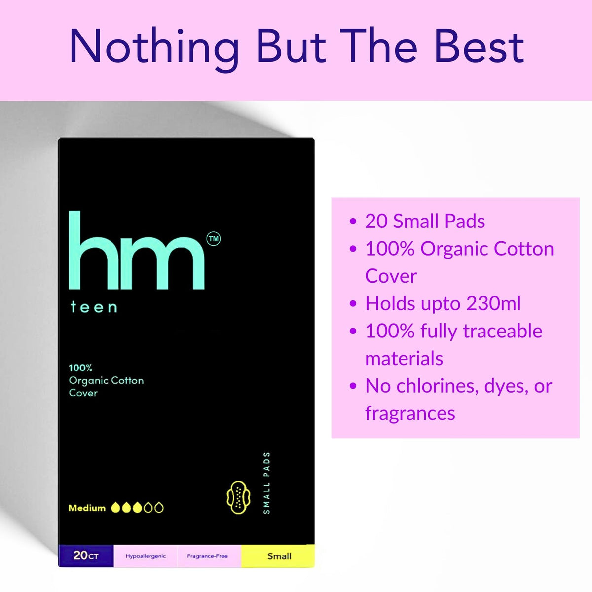 HM Teen - Pads for Teens - 100% Organic Cotton Pad Topsheet - Non Toxic Teen Pads with Wings