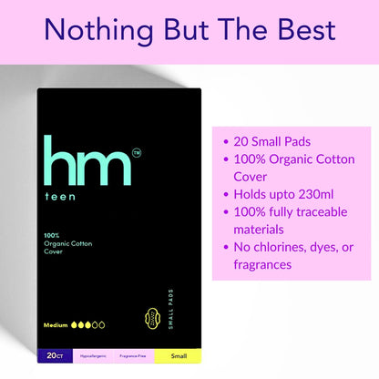 HM Teen - Pads for Teens - 100% Organic Cotton Pad Topsheet - Non Toxic Teen Pads with Wings