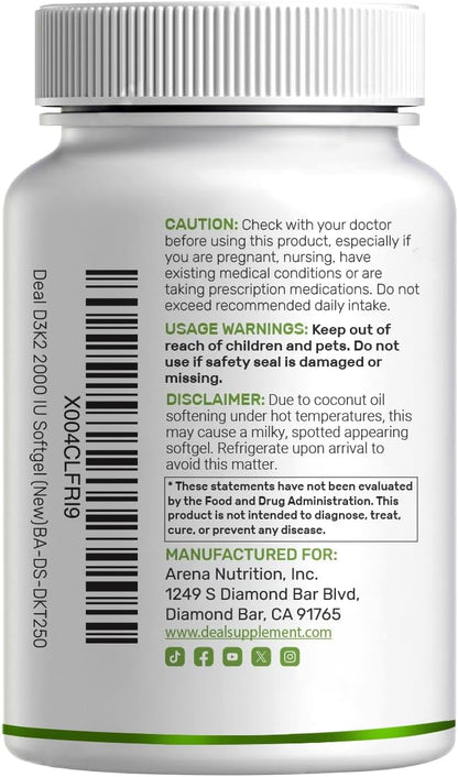 DEAL SUPPLEMENT Vitamin D3 2,000 IU + K2 MK7 50mcg Softgels - 2-in-1 Complex with Virgin Coconut Oil - Supports Heart, Bone, Teeth & Immune Health - Easy to Swallow