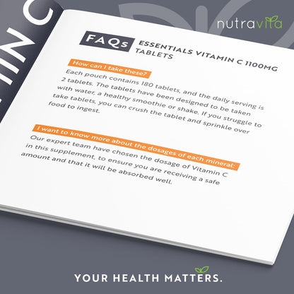 Vitamin C Tablets 1100mg - 180 Premium Vegan and Vegetarian Tablets - 3 Month Supply