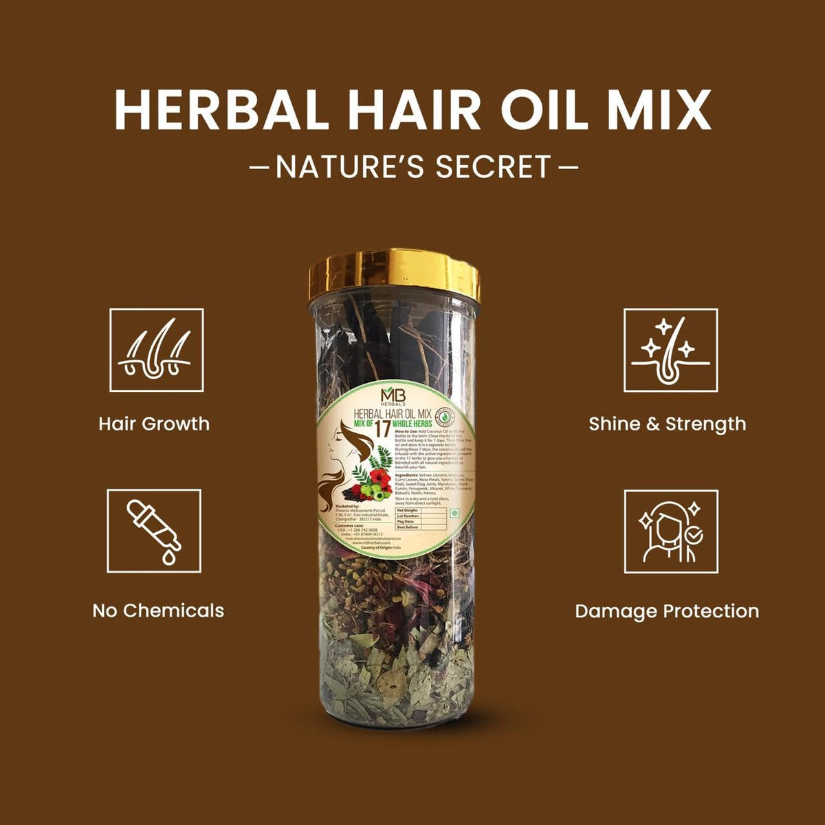 MB Herbals Hair Oil Mix - 17 Whole Herbs Blend for DIY Hair Oil - Amla, Hibiscus, Neem, Fenugreek, Curry Leaves, & More - Traditional Herbal Mix - 3.5 oz (100g)