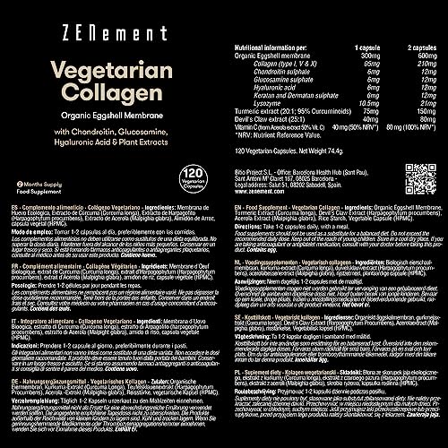 Vegetarian Collagen, from Organic Eggshell Membrane, 120 Capsules - with Glucosamine, Chondroitin, Hyaluronic Acid and Plant Extracts