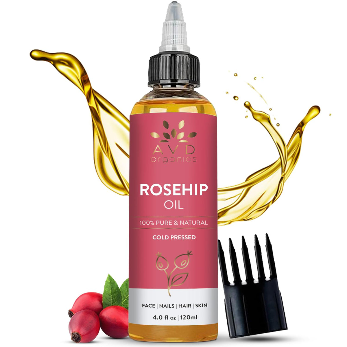 AVD ORGANICS Rosehip Oil for Face 120ml - 100% Pure, Cold-Pressed Huile de Rose Musquée - Rose hip Oil for Face, Skin, Hair, Scalp & Nails - Moisturizing for Daily Use (4.05 fl oz)