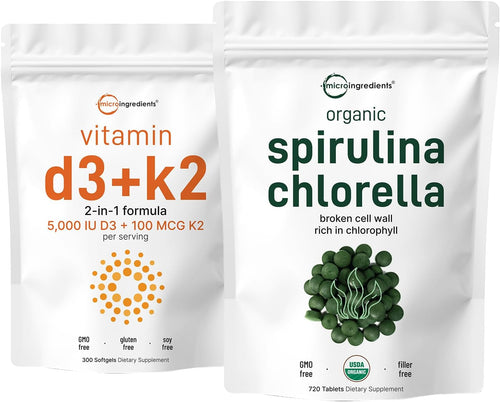 Micro Ingredients Organic Chlorella Spirulina 3000mg Tablets & Vitamin D3 5000iu + K2 100mcg Bundle 2 Pack - Cracked Cell Wall, Rich in Vegan Protein & Chlorophyll - Essential Sunshine Vitamins
