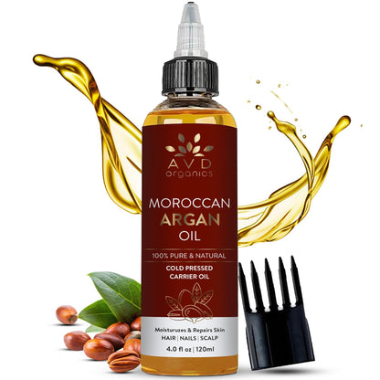 AVD Organics Argan Oil for Hair 120ml - 100% Pure & Natural Moroccan Argan Oil for Adult Hydration, Nourishing, Strengthening, Curly, Frizzy, Dry, Damaged Hair,Face, Skin, Scalp & Nails - (4.05 fl oz)