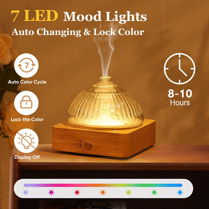 Lecdura Glass Essential Oil Diffuser with Glass Reservoir & Wood Base - Plastic Free, 200ml Lock