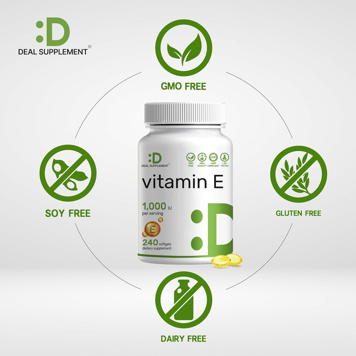 Vitamin E Supplements, 1,000 IU Per Serving, 240 Softgels – Extra Strength Antioxidant Protection – Bioavailable Stable Form – Skin, Heart, Brain, & Immune Support – Non-GMO