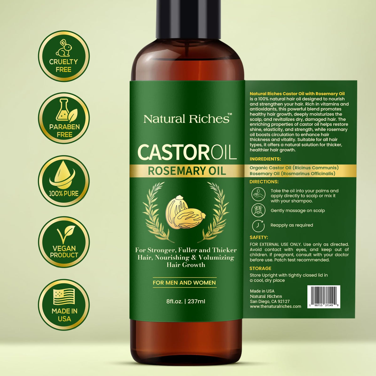 Natural Riches Castor Oil with Rosemary, 8 fl oz - Organic Blend for Thicker, Fuller Hair Growth - Premium Grade Hair Treatment.