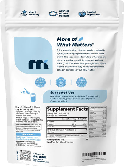 Micro Ingredients Hydrolyzed Collagen Peptides Powder, 1 lb - Type I & III Collagen for Women & Men - Unflavored Bovine Collagen Protein - Easy Dissolve, Paleo, Non-GMO