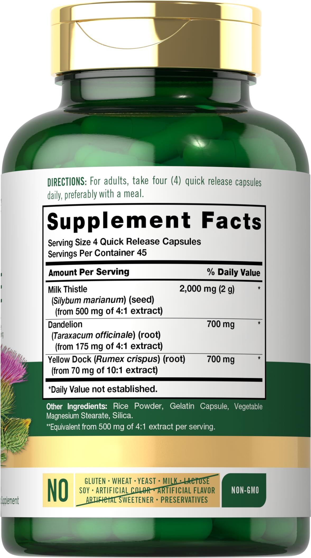 Carlyle Milk Thistle 2000mg - 180 Capsules - with Dandelion & Yellow Dock - Non-GMO