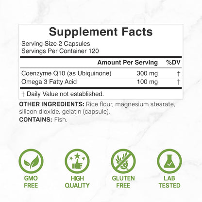 DEAL SUPPLEMENT CoQ10 300mg with Omega 3 100mg, 240 Capsules - Bioavailable Coenzyme Q10 Formula - Supports Heart, Energy & Brain Health - Antioxidant Support - Non-GMO