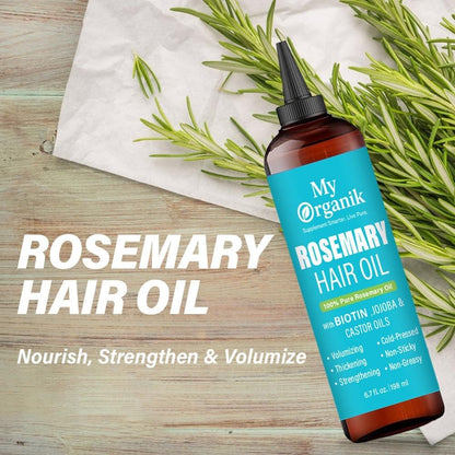 My Organik Rosemary Oil for Hair Growth - Cold-Pressed, Infused with Biotin, Jojoba & Castor Oil - Scalp Treatment for Hair Thickening, Strengthening & Dandruff Relief - Non-GMO - 6.7 fl oz / 198 ml