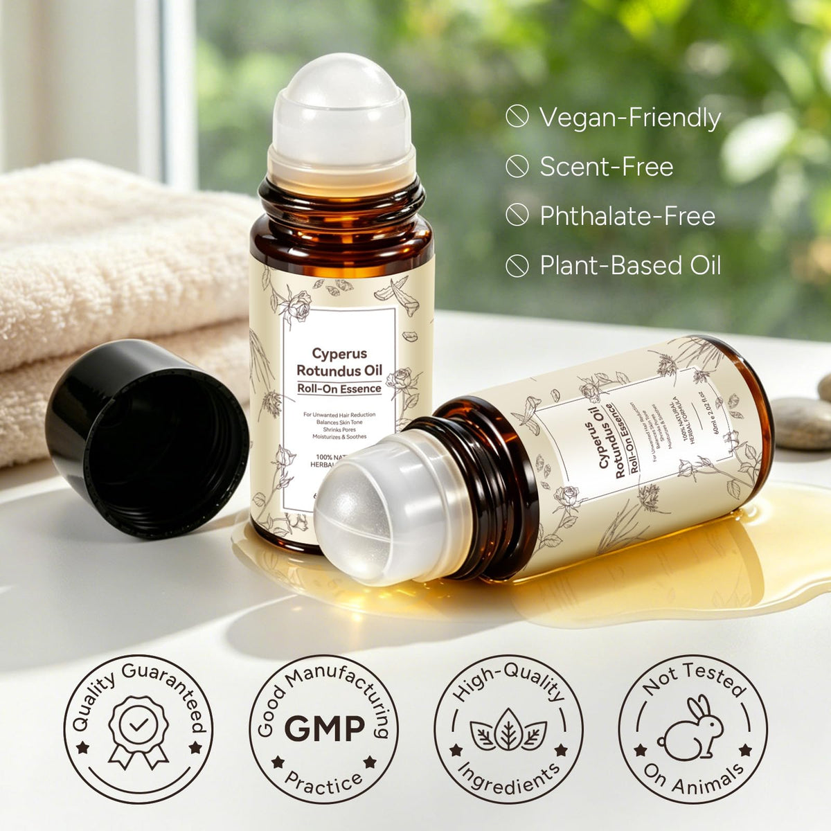 Cyperus Rotundus Oil Roll-on Essence, Cypress Rotundus Oil for Hair Removal, Natural Inhibitor to Reduce Unwanted Hair Growth, Soothes Skin & Minimizes Pores, 2.02 Fl Oz