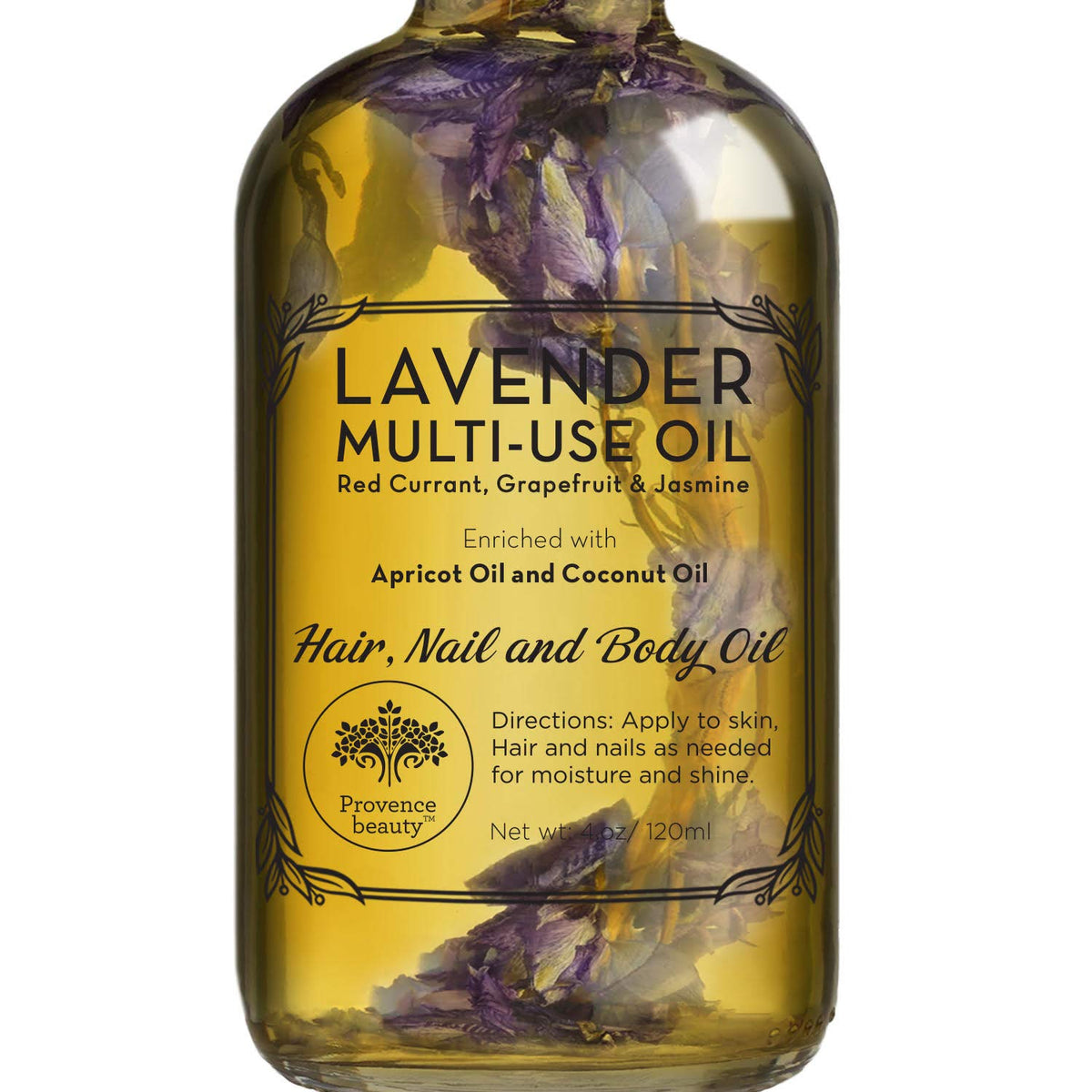 BEAUTE DE PROVENCE Lavender Multi-Use Oil for Face, Body and Hair - Organic Blend of Apricot, Vitamin E, Fractionated Coconut and Sweet Almond Oil Moisturizer for Dry Skin, Scalp and Nails - 4 Fl Oz