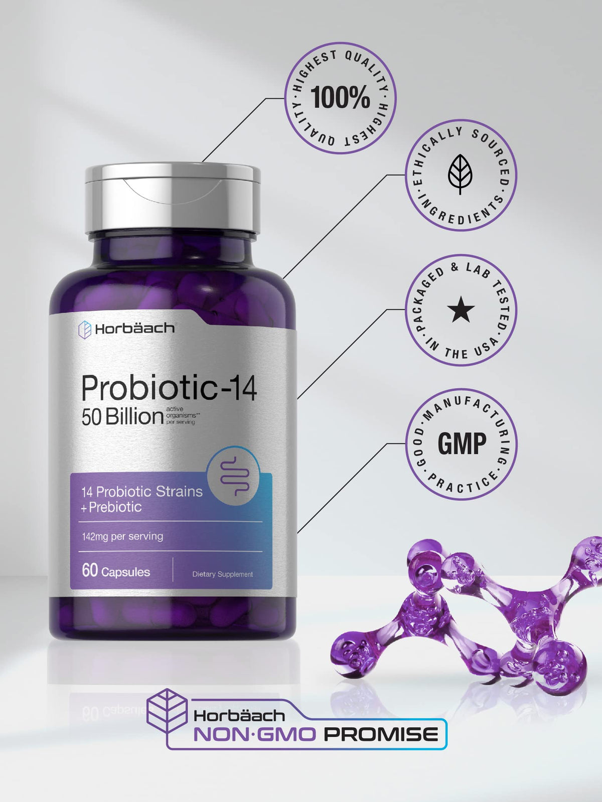 Horbäach Probiotics with Prebiotics - 60 Capsules - 50 Billion Active Organisms - Non-GMO