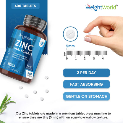 High Strength Zinc Tablets 50mg - 400 Vegan Zinc Bisglycinate Tablets 6+ Months