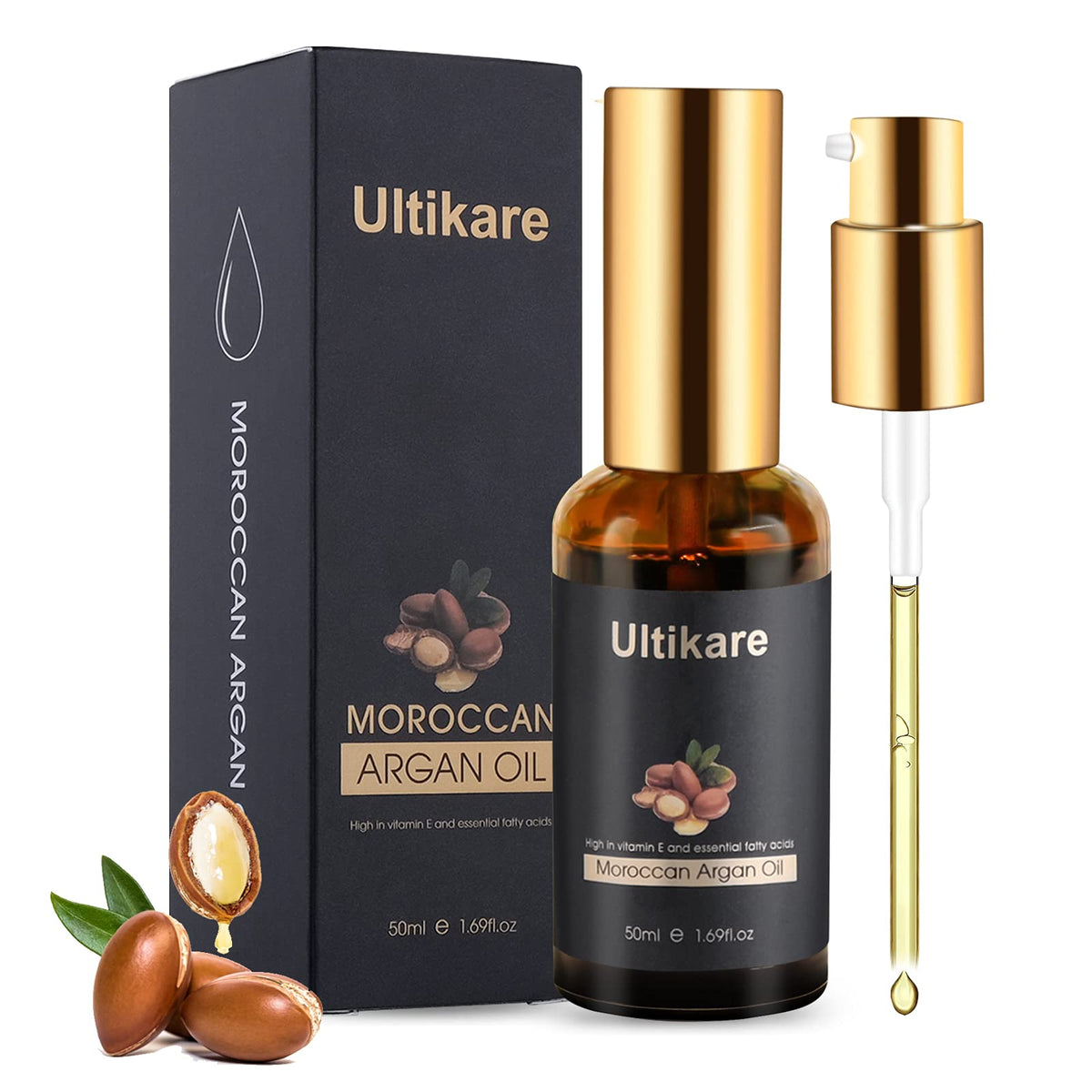Ultikare Hair Oil, Argan Oil for Curly, Dry and Damaged Hair, Essential Oil Helps Shiny, Smooth, Repair Serum for All Hair Types, Natural Skin Care - Massage Treatment 1.69fl.oz