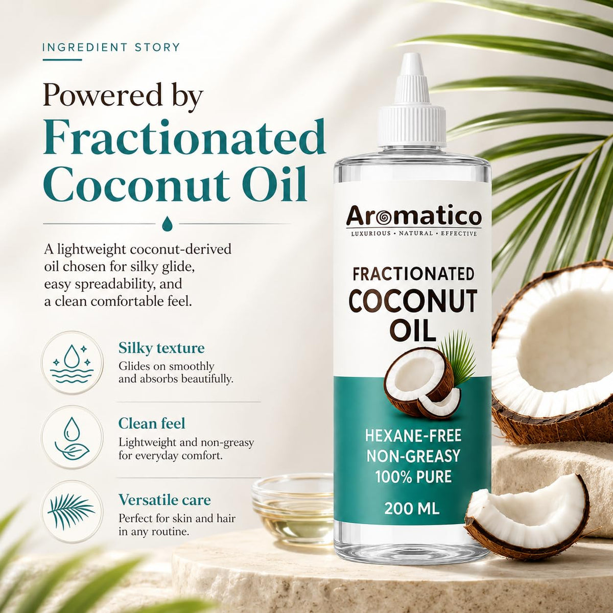 Aromatico Pure Fractionated Coconut Oil, Cold Pressed for Healthy Hair & Skin, Natural solution for Moisturised Skin, Hair Care & Body - 7 fl oz