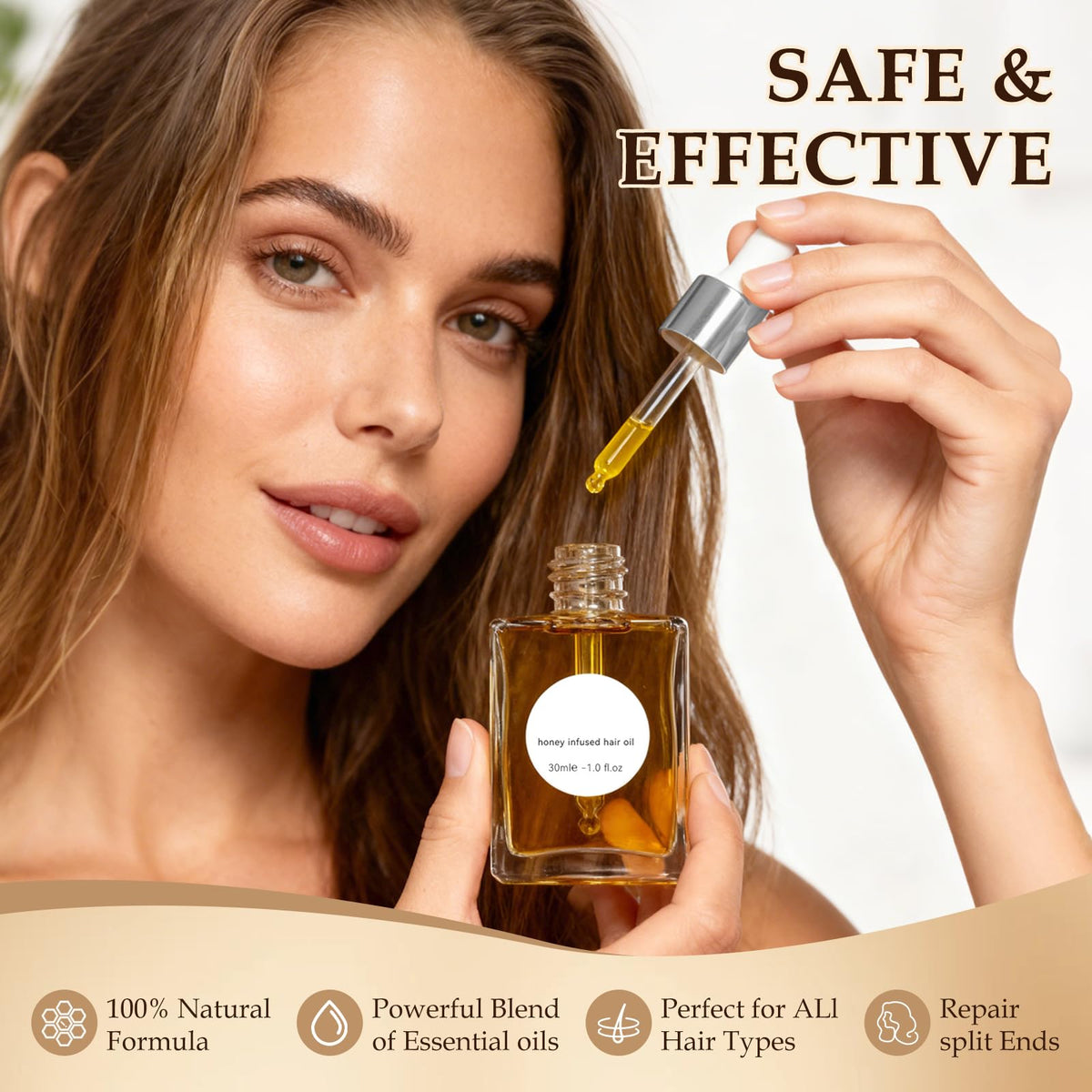 Honey Hair Oil for Dry Damaged Hair - Anti-Frizz Split Ends Treatment, Shine & Smoothness Repair Serum, Nourishing Leave-In Conditioning for Curly & Frizzy Hair, Adds Glossy Shine & Healthy Look