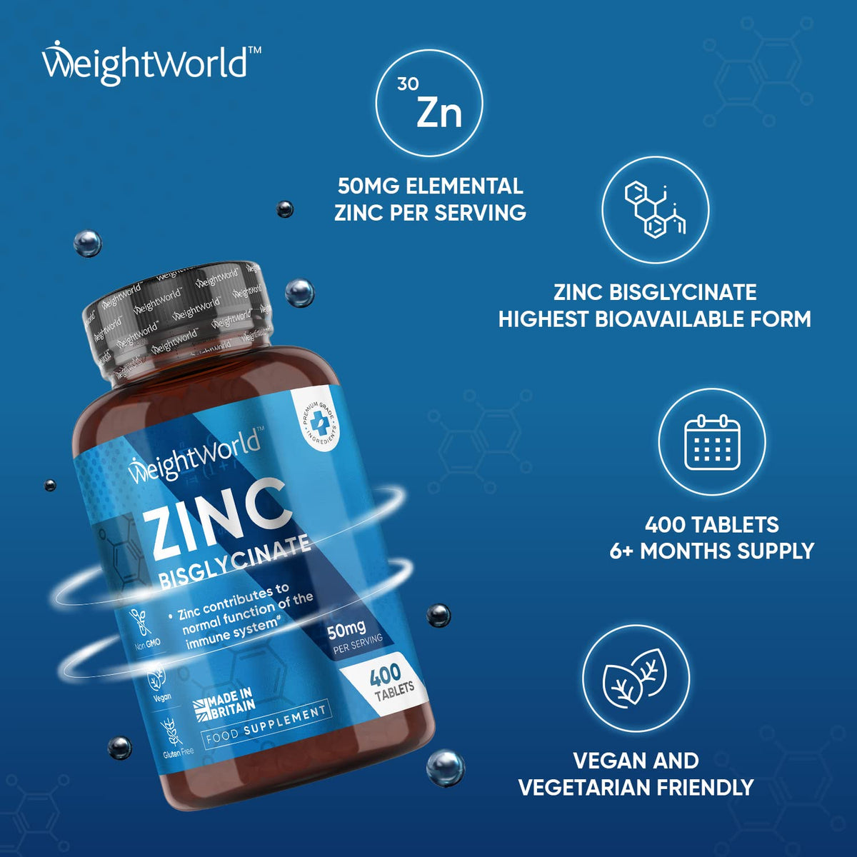 High Strength Zinc Tablets 50mg - 400 Vegan Zinc Bisglycinate Tablets 6+ Months