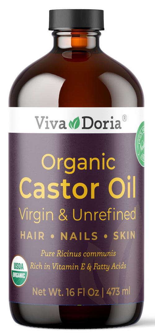 Viva Doria Organic Castor Oil, 16 Fl Oz - Virgin, Cold Pressed, Hexane-Free, Vegan - Nourishing Hair & Skin Care - Eyelash & Brow Serum - Glass Bottle with Dropper Top