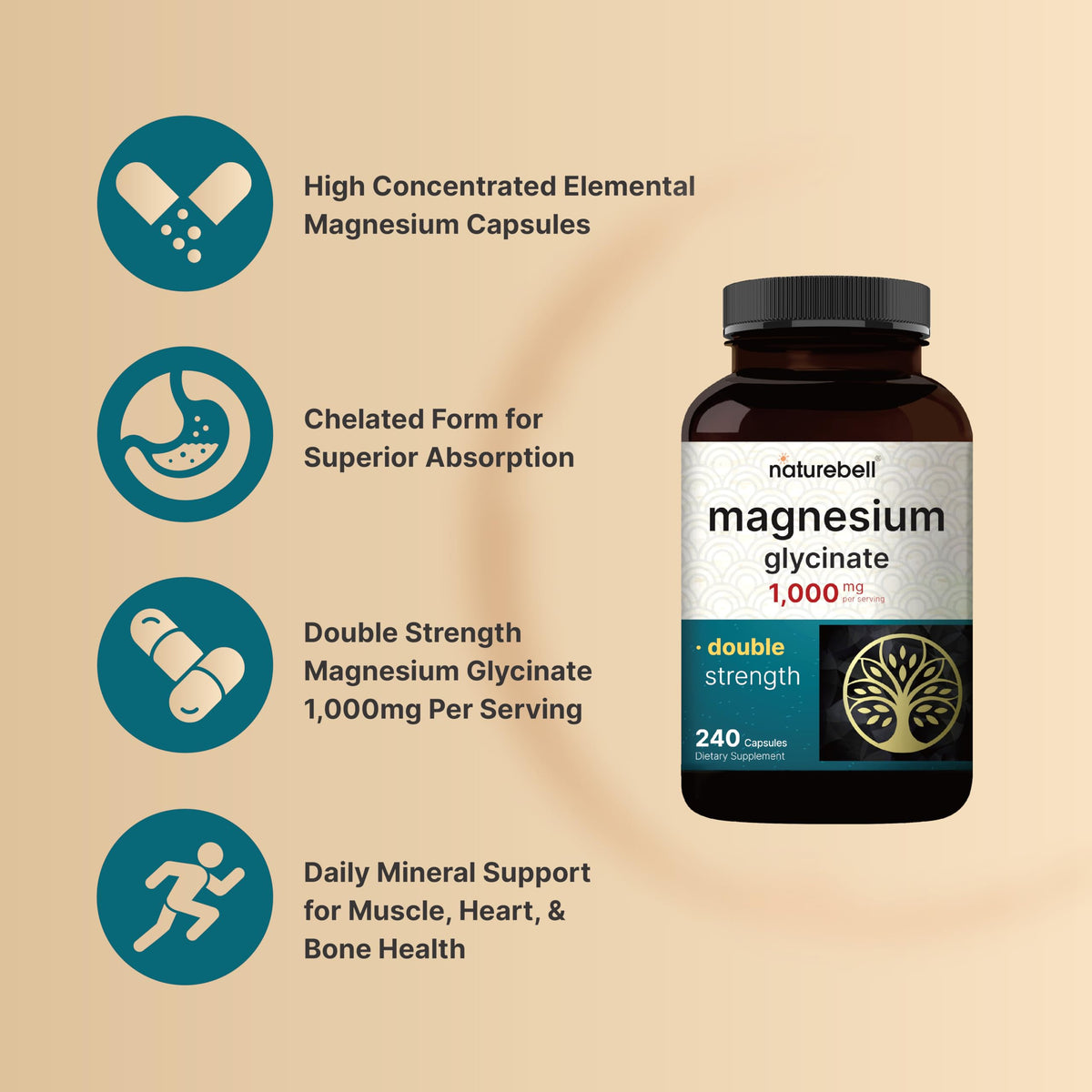 NatureBell Magnesium Glycinate Supplement 1,000mg - 500mg Per Capsule, 240 Pills