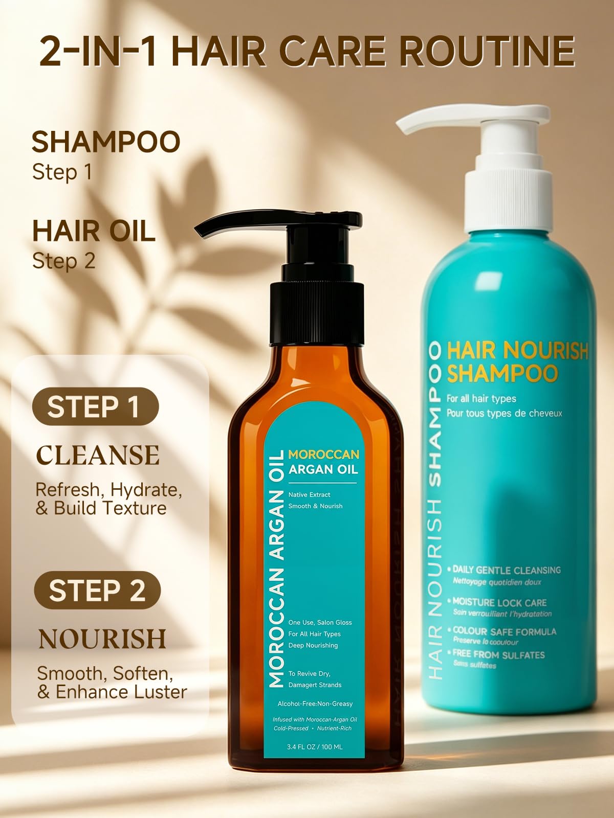 Moroccan Argan Oil Set, Moroccan Argan Oil Hydrating Shampoo Included, Deep Moisturizing Damage Repair, Frizz Control for Dry Damaged Curly Color Treated Hair