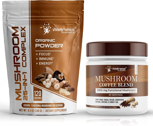 WELLNESS LABSRX Mushroom Powder 2000mg - Mushroom Coffee Blend 5500mg - Bundle