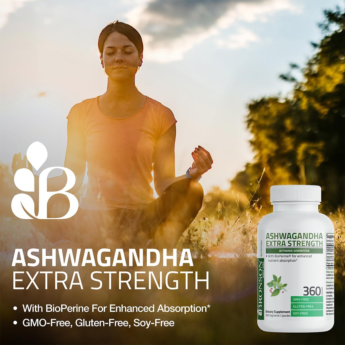 Bronson Ashwagandha Extra Strength Stress & Mood Support 120 Capsules - Vegetarian, Non-GMO, Gluten-Free, Soy-Free, BioPerine for High Absorption