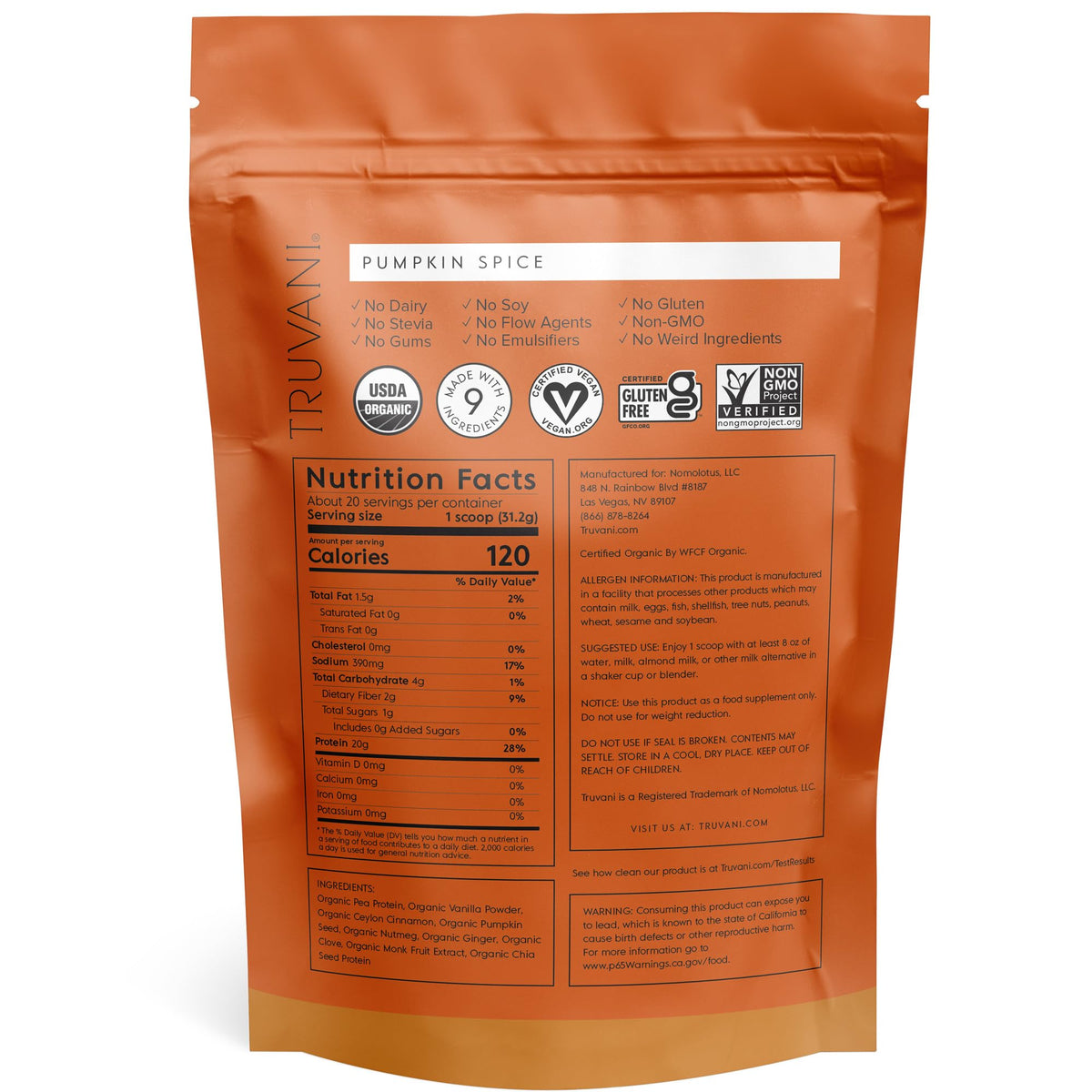 Truvani Organic Vegan Protein Powder Pumpkin Spice - 20g of Plant Based Protein