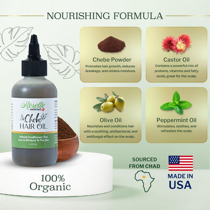 Roselle Naturals Chebe Oil for Hair Growth - Made in USA 4 Fl Oz - Hair Growth Oil, Grease for Stronger, Longer, Thicker Hair