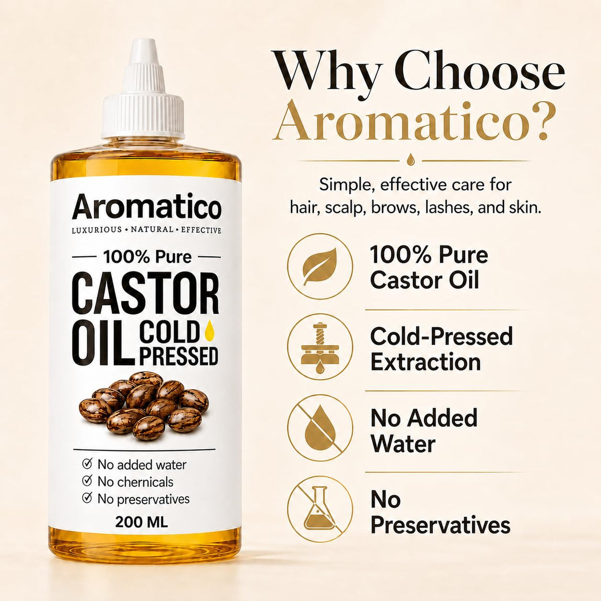 Aromatico Pure Cold Pressed Castor Oil for Hair, Eyelashes & Eyebrows - Natural Carrier Oil for Skin, Hair & Scalp Care - Thick Conditioning Oil for DIY Beauty - 7 fl oz