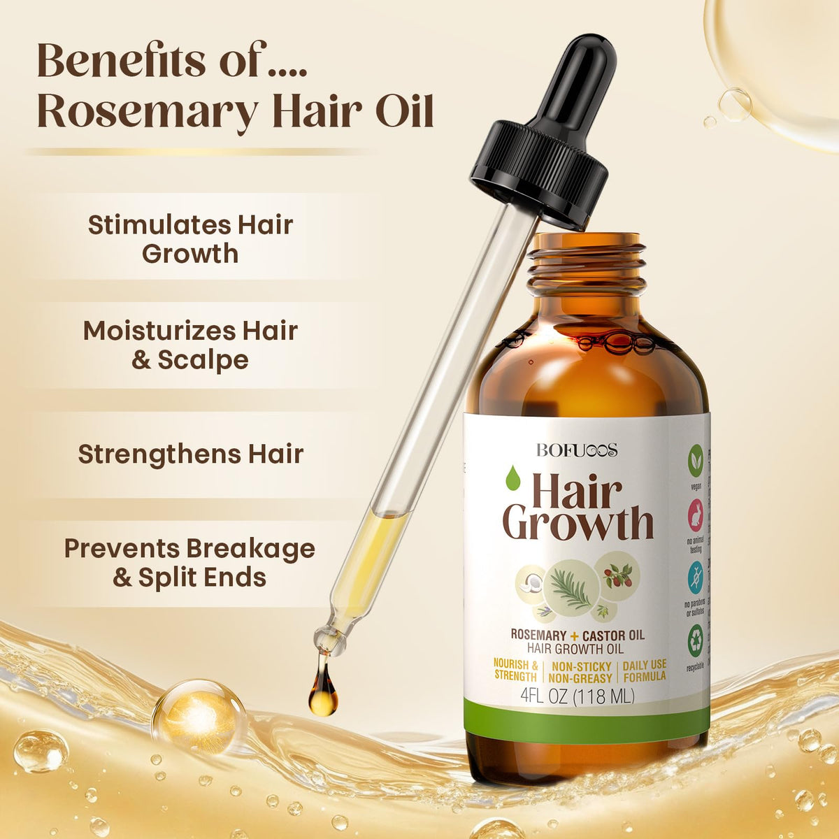 Bofuoos Rosemary & Castor Hair Growth Oil + Scalp Massager Set