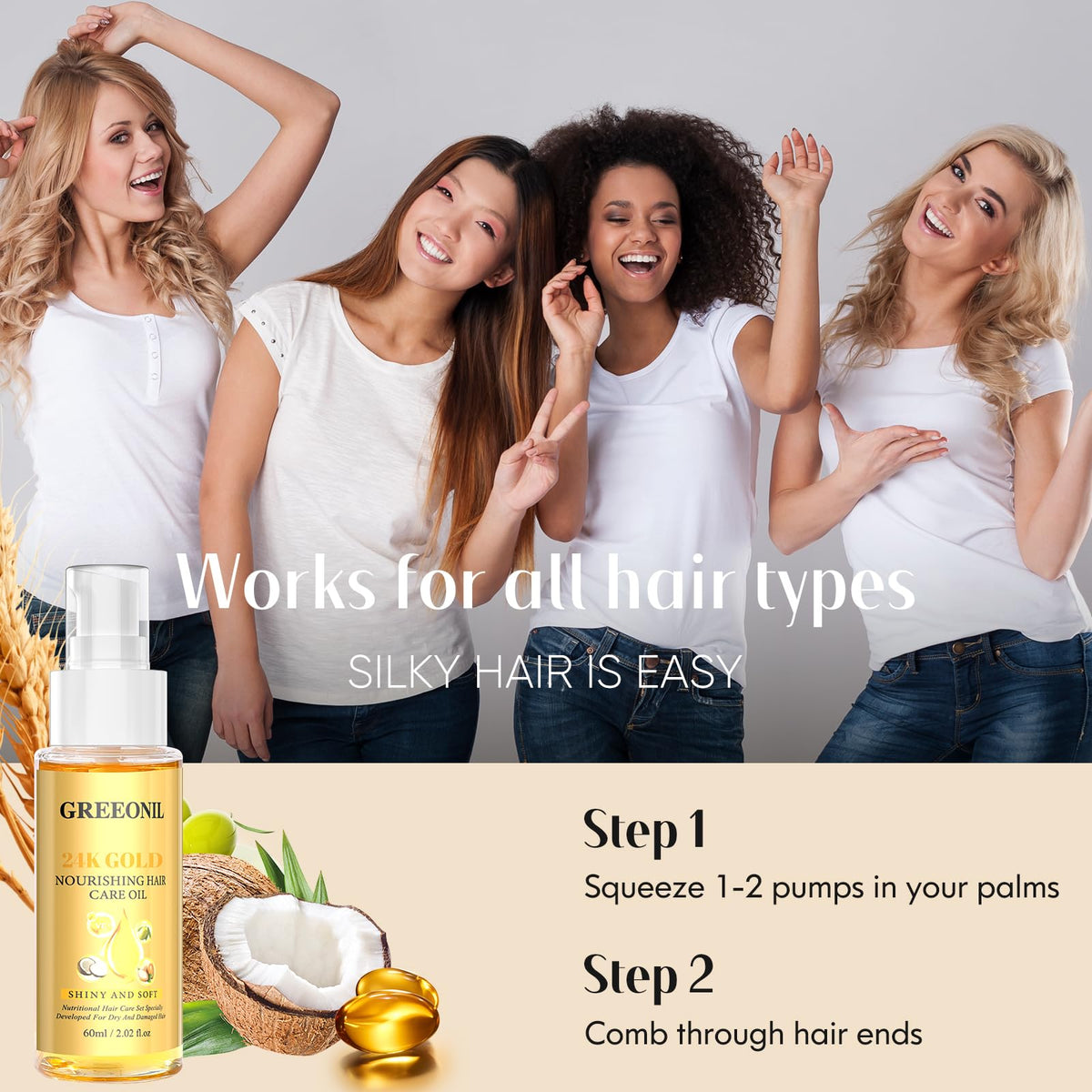 GREEONIL Hair Oil with Argan Oil, Coconut Oil, Olive Oil, Vitamin E for Nourish Hair, Smooth Frizz, Add Shine, Hair Treatment Oil for Women Men Frizzy Damaged Fine Curly Hair, Leave-in, 2Pack