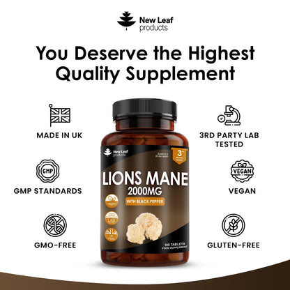 Lions Mane Mushroom Extract Supplement 2000mg - 180 High Strength Vegan Tablets